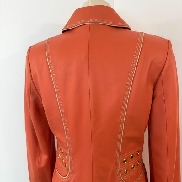 St. John Lamb Leather Jacket Full Zip Peachy Orange with Grommets Size Small - Picture 8 of 16